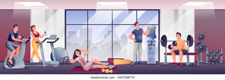 People exercising in fitness gym. Room with sport equipment for workouts vector illustration. Women and men training on treadmill, bike, lifting dumbbells, on mat. Healthy lifestyle.