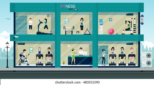 People exercising in the gym with the equipment.