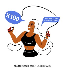 People exercising at gym. Girl jumping rope, cardio workout for weight loss. Cardiovascular system. Fitness and sports character. Motivation, selfdevelopment. Cartoon flat vector illustration