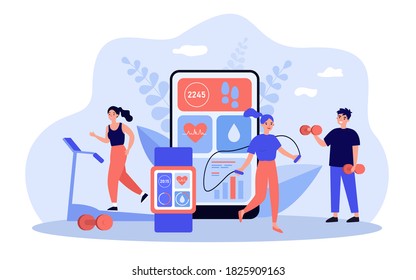 People exercising in gym with heart beat monitoring apps. Tiny man and women lifting weight, doing cardio training. Vector illustration for sport, health, gadgets for active lifestyle concepts