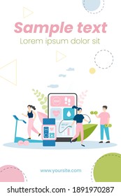 People exercising in gym with heart beat monitoring apps. Tiny man and women lifting weight, doing cardio training. Vector illustration for sport, health, gadgets for active lifestyle concepts