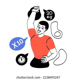 People exercising at gym. Man does bench press. Character training his shoulders, strong man preparing for powerlifting competition. Athlete and weightlifter. Cartoon flat vector illustration