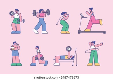 People are exercising at the gym. Outlined people illustration.