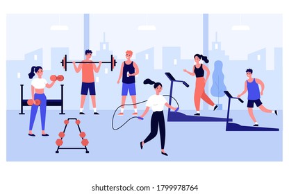 People exercising in gym with panoramic window, practicing weight and cardio training, running on treadmill, jumping rope, lifting barbells and dumbbells. For sport, fitness, active lifestyle concept