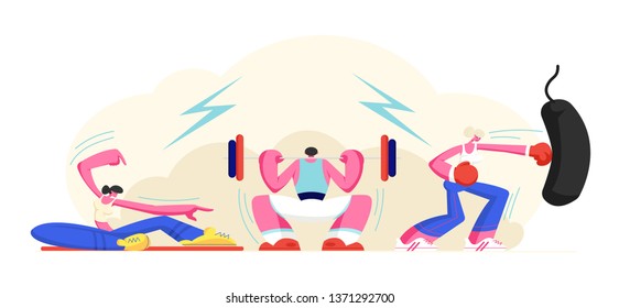 People Exercising in Gym. Powerlifting Man Squatting with Weight, Girl Doing Sport Fitness Training, Boxing Woman Bodybuilding Workout, Healthy Lifestyle. Cartoon Flat Vector Illustration