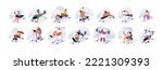 People exercising in gym set. Characters training on treadmills, cardio and weight workout machines, sport equipment with dumbbells, barbells. Flat vector illustrations isolated on white background
