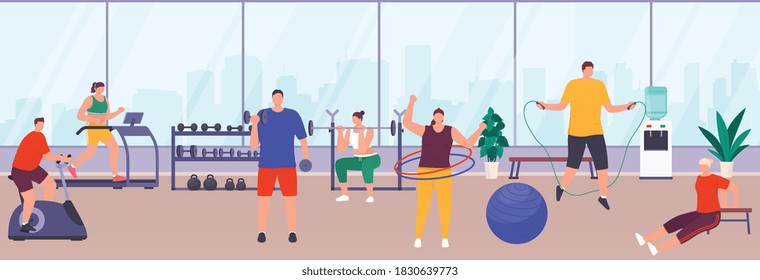 People exercising in gym, sports equipment, women's and men's exercise equipment. People do various exercises in gym maintain healthy lifestyle. Fitness club with panoramic windows and city views.