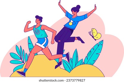 People exercising healthy running vector internet operation illustration
