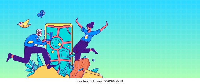 Personas ejercitando el funcionamiento saludable del Vector Ilustración de la operación de Internet
