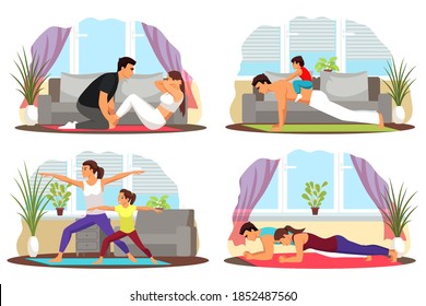 People exercising at home set. Healthy sport workout for health indoor vector illustration. Young man and woman training, mother with daughter, father with kid doing gymnastics.