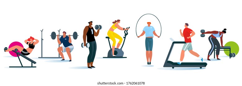 People exercising at modern gym. Athletic men and women on training apparatus have various physical exercises, enjoying sport activity.  Vector flat illustration set. 