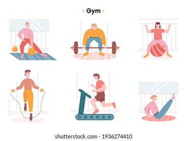 People exercising in a modern gym. Sportsmen and women on simulators are engaged in various physical exercises, enjoy sports. A girl stretches on the carpet. Women doing fitness and yoga exercises. 