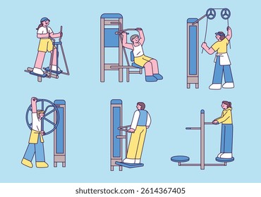 People exercising on outdoor fitness equipment in a park, flat vector illustration in pastel colors.