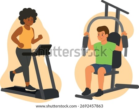 People exercising on a treadmill and multifunctional arm trainer. Gym