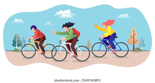 Personas para hacer ejercicio en el parque. El hombre y la mujer conducen la actividad de la bicicleta al aire libre, el ciclismo y hablar. estilo de vida saludable, relajante y concepto de la aptitud. Ilustración vectorial de estilo plano 