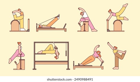 Las Personas están haciendo ejercicio con el equipo de Pilates. Diversas posturas de Pilates. Ilustración de estilo plano de contorno.