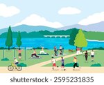 People exercising in the riverside park and walking their dogs
