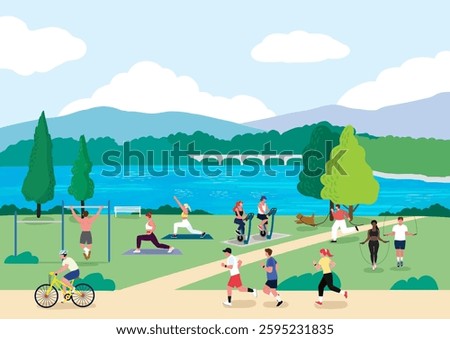 People exercising in the riverside park and walking their dogs
