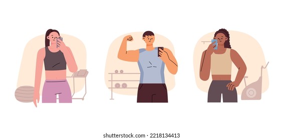 People are exercising and taking selfies in the fitness center. flat vector illustration.