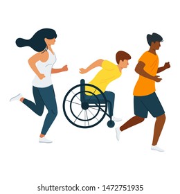 People exercising, training flat illustration. Promoting equality, person with disability cartoon vector character. Handiccaped man maintaining healthy lifestyle. Athletes, personal trainer, coach