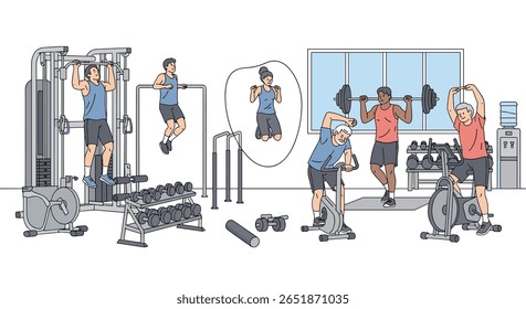 Pessoas exercitando e usando equipamento de ginástica para treinamento de aptidão e força