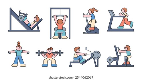 People exercising using various exercise equipment at the gym. Cuttiny character with outline.