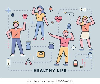 People exercising while dancing with various sports equipment icons. flat design style minimal vector illustration.