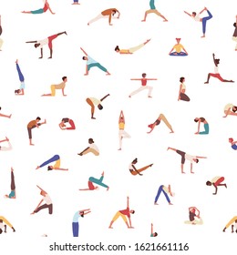 People exercising yoga vector seamless pattern. Yogis in poses, athletes, men and women practicing asana texture. Sportsmen training background. Textile, wallpaper, wrapping paper design.