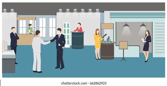 People at the exhibition business flat style vector illustration. Holding events. Presentation of business ideas in the gallery. Visitors of exhibition.