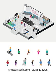 People in exhibition experiencing the stand. Vector illustration	
