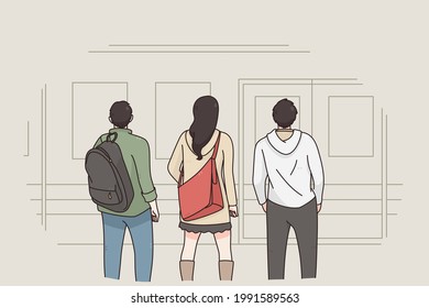 People at exhibition and lifestyle concept. People standing backwards and looking at pictures artworks at cultural exhibition gallery making culture experience vector illustration 