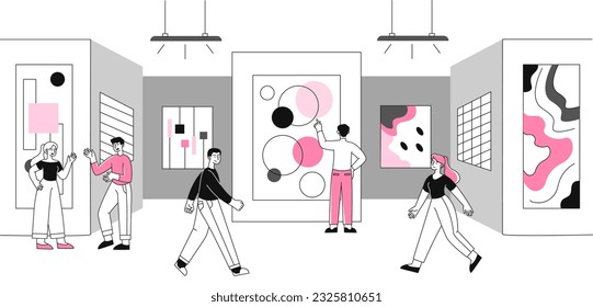 People at exhibition line concept. Men and women in gallery look at paintings. Exhibition and museum. Cultural recreation, leisure and useful hobby. Linear flat vector illustration