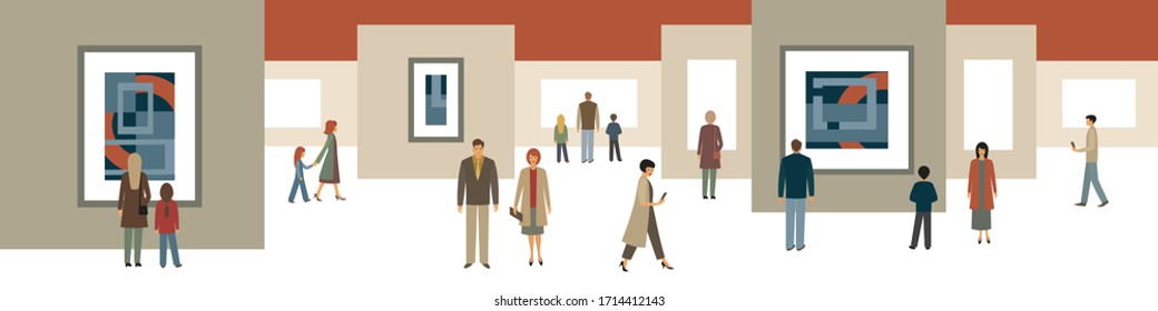 people at the exhibition of modern art. adults and children in the hall among the paintings. flat drawing in cartoon style, horizontal format. stock vector illustration. EPS 10.