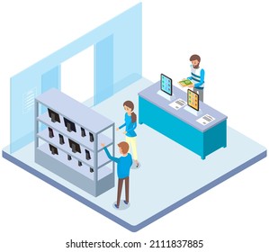 People at exhibition of new product. Isometric composition with man and woman at presentation near promotion stand and promoter. Presentation of new technologies, gadgets, products at exhibition