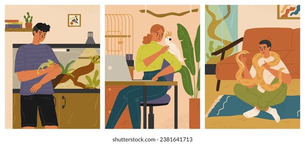 People exotic pet owners at home vector scene set