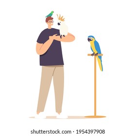 People and Exotic Pets Concept. Young Male Character with Different Parrots Isolated on White Background. Owner Spend Time with Tropical Birds Sitting on Hands and Head. Cartoon Vector Illustration