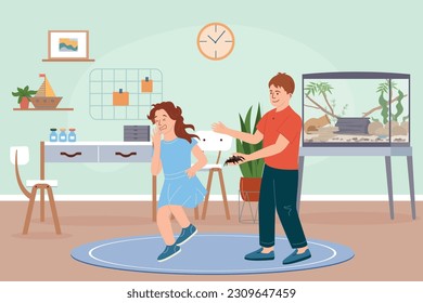 People with exotic pets flat composition with indoor scenery and teenage girl scared of boys spider vector illustration