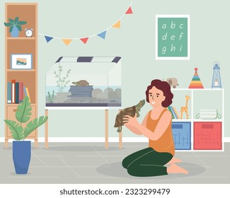 Menschen mit exotischen Haustieren mit flacher Komposition mit Terrarienlandschaft im Wohnzimmer und Mädchen mit Schildkröte, Vektorgrafik