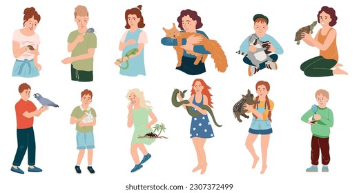 People with exotic pets set of flat isolated icons with doodle human characters holding unusual animals vector illustration