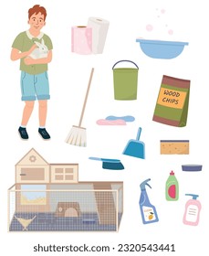 People with exotic pets set of flat isolated icons with rabbit petting essentials on blank background vector illustration