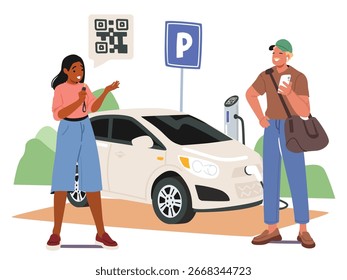 Personas que experimentan el servicio de compartir coche buscando socios en Internet a través de la aplicación móvil Ilustración vectorial de código QR. Hombre y mujer haciendo trato para montar juntos por alquiler de coches de dibujos animados escena