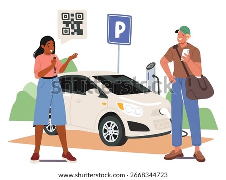 People experiencing carpool share service searching partners on internet via mobile application QR-code vector illustration. Man and woman making deal to ride together by rent automobile cartoon scene