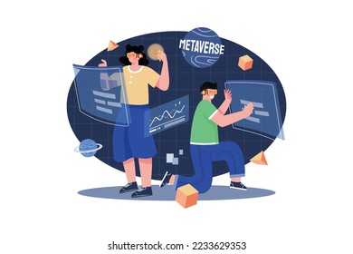 People experiencing metaverse ecosystem Illustration concept. A flat illustration isolated on white background