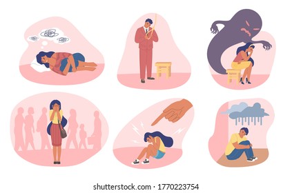 People experiencing sadness, anxiety and fear vector flat illustration. Feelings of disappointment grief hopelessness dampened mood caused by financial, family problems. Negative feelings and emotions