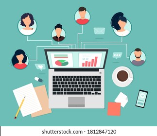 People experts with different skills work together remotely via laptop, team collaboration, communication and communication. Study and master classes, business trainings. Vector illustration in flat s