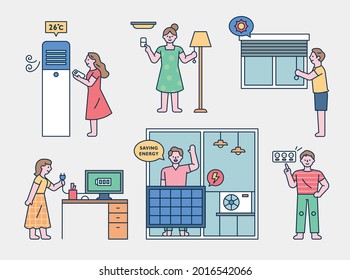 People are explaining how to save electricity. outline simple vector illustration.