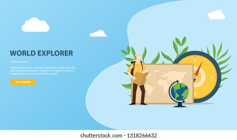 people explore and adventure the world website template with maps compass and worlds map - vector illustration