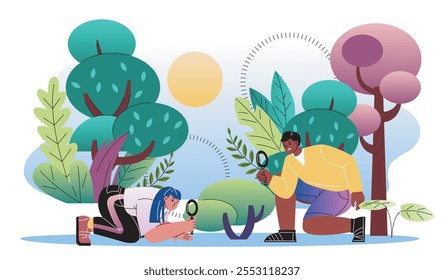 Personas explorando arbustos. Hombre y mujer mirando la hierba con lupa. Naturalistas y botánicos estudian la flora. Botánica y biología. Ilustración vectorial plana aislada sobre fondo blanco