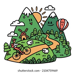 people exploring cute mountain by cycling illustration