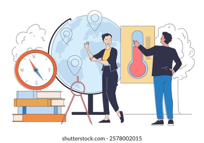 People exploring geography with a globe, compass, and thermometer on a white background. Creative style, educational learning concept. Flat cartoon vector illustration